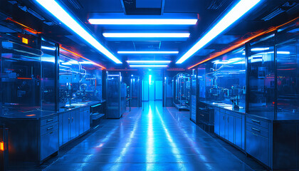 Fototapeta premium Futuristic laboratory with neon lights and metallic surfaces