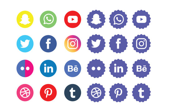 Facebook, twitter, instagram, youtube, snapchat, pinterest, whatsap, linkedin, Collection of popular social media logo. Social media icons. Realistic set. Vector editorial .Social media icon bundle	