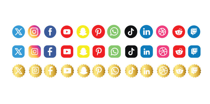 Facebook, twitter, instagram, youtube, snapchat, pinterest, whatsap, linkedin, Collection of popular social media logo. Social media icons. Realistic set. Vector editorial .Social media icon bundle	