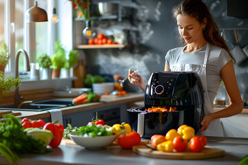 A person in a kitchen using an air fryer with various foods