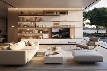 A modern living room with big windows and a large TV.