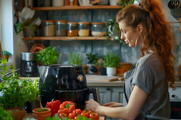 A person in a kitchen using an air fryer with various foods
