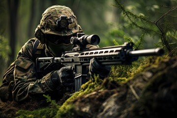 A soldier in camouflage aiming a rifle.