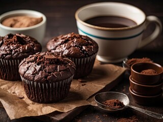 Closeup view of Delicious chocolate muffins on table. Indulgent chocolate muffins in focus