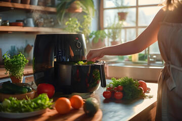 A person in a kitchen using an air fryer with various foods