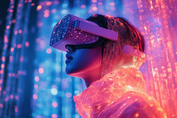 A person wearing a VR headset immersed in a virtual environment