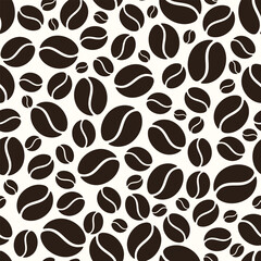 Seamless pattern with brown coffee beans silhouettes on a white background. Vector illustration