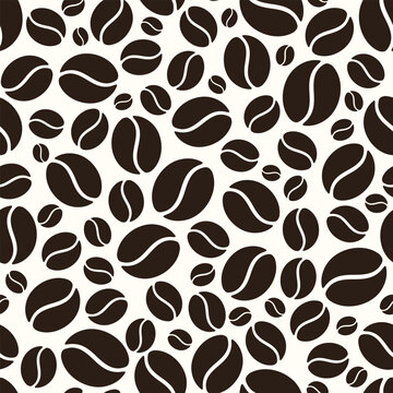 Seamless pattern with brown coffee beans silhouettes on a white background. Vector illustration