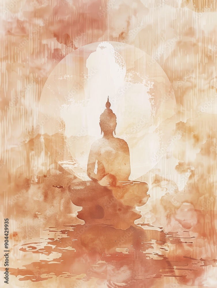 Poster A watercolor painting depicts a meditating Buddha, symbolizing mindfulness, spiritual awakening, enlightenment, inner peace, and tranquility.