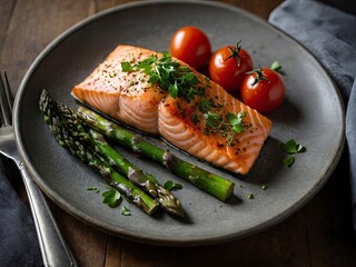 Baked salmon garnished with asparagus and tomatoes with herbs, Salmon asparagus tomatoes herbs. Salmon with asparagus, tomatoes, and herb dressing