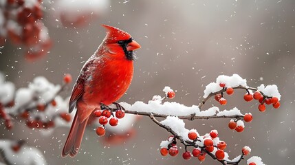 A red cardinal perched on a branch covered in snow