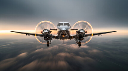 Front view of a twin-engine propeller airplane flying with spinning propellers against a dramatic sunset sky.