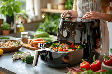 A person in a kitchen using an air fryer with various foods