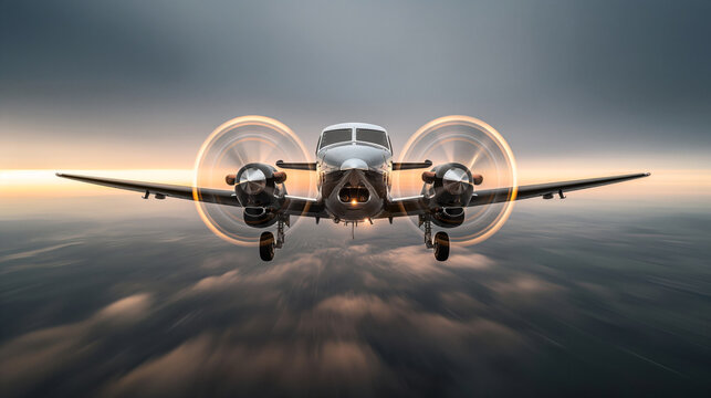 Front view of a twin-engine propeller airplane flying with spinning propellers against a dramatic sunset sky.