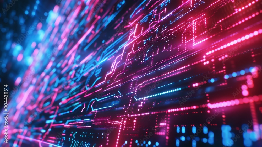 Poster A vibrant array of neon lines and shapes represent digital data, creating a captivating visual experience full of energy and movement