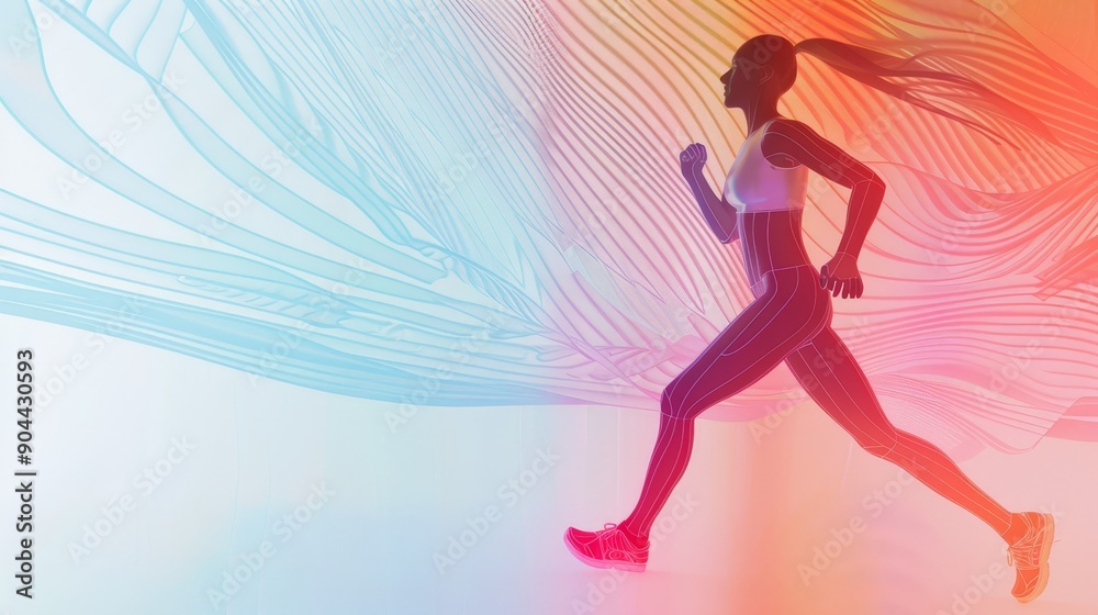 Sticker A woman runner is depicted in mid-stride,  her silhouette overlaid with vibrant,  abstract lines symbolizing energy, speed,  and motion.  The dynamic composition captures the essence of fitness and ac