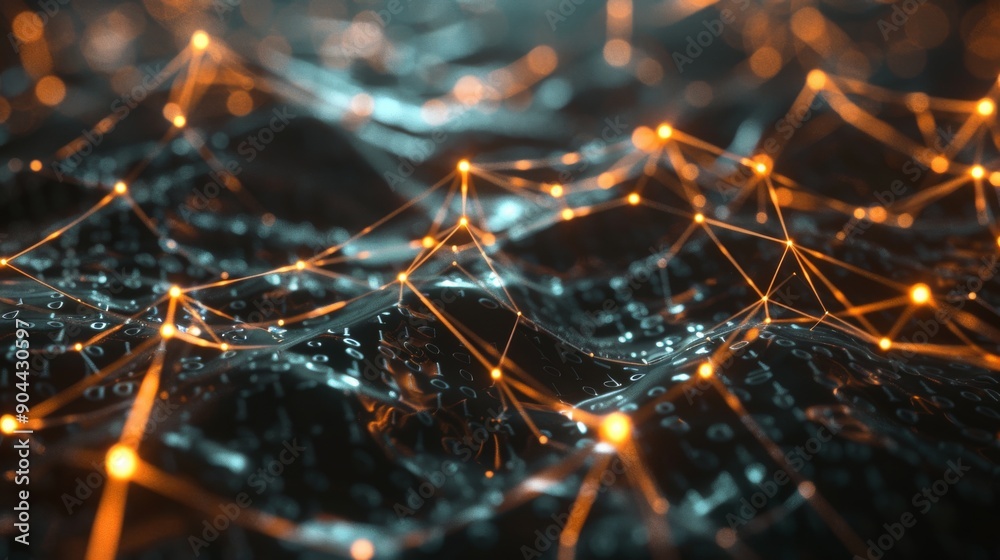 Fototapete Interconnected neural networks are depicted with glowing nodes and lines over a dark, technological backdrop, creating a dynamic and abstract visual experience