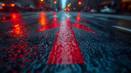 A red arrow is on a wet road