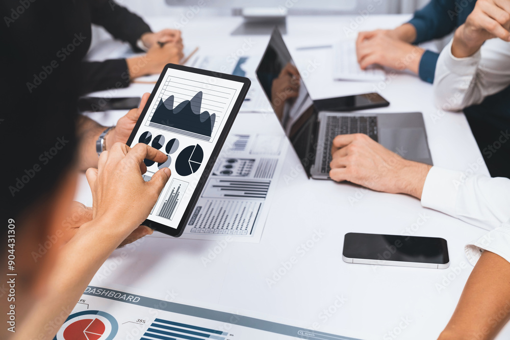 Poster Analyst team uses BI Fintech display tablet to analyze financial data . Business people analyze BI software technology dashboard power for insights power into business marketing planning. Prudent