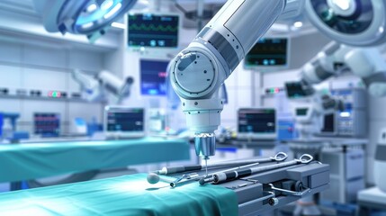 A sterile surgical environment with robotic equipment in focus, ready for a procedure, with a backdrop of advanced medical technology.