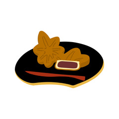 お皿にのったもみじまんじゅう(こしあん)の手描きカラーイラスト