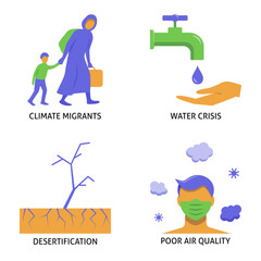 Climate change consequences flat icon set. Water crisis, poor air quality, drought and climate refugees. Vector illustration.