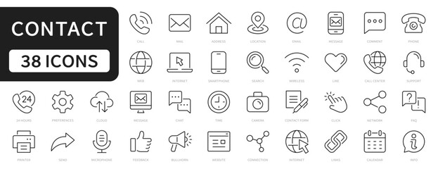 Contact line icons set. Contact, Phone, Mail, Call, Address, Web, Message, Chat, Support editable stroke icon. Vector