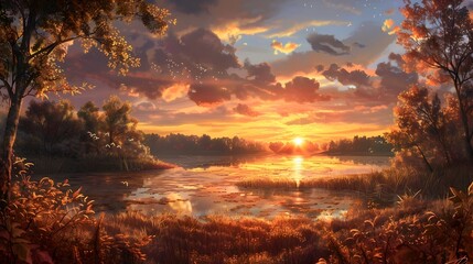 Vibrant Autumn Sunrise Reflecting on Serene Lake