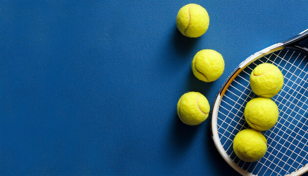 sport composition with yellow tennis balls and racket on a blue background