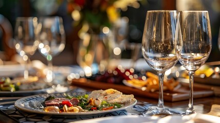 A sophisticated dining arrangement featuring fine china, crystal wine glasses, and gourmet dishes, perfect for an elegant evening gathering