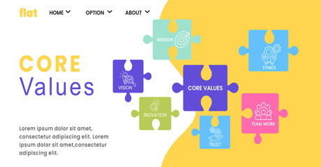 Core Values Landing Page Template. Tiny Businesspeople Characters Holding Huge Puzzle with Basic Business Principles Trust, Mission, Ethic, Vision or Innovation.
