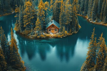 Aerial view of a cabin in the middle of a forest, a lake with pine trees around it.