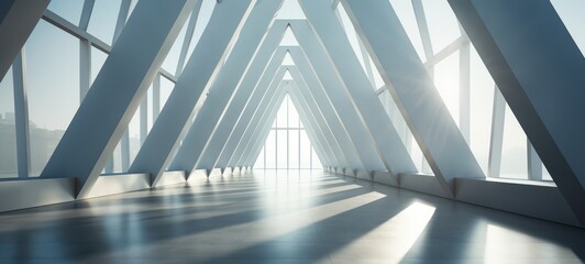 Obraz premium Sunlit Modern Architecture. Interior of a modern building with large windows and geometric structures, bathed in soft sunlight, creating a serene and futuristic atmosphere.
