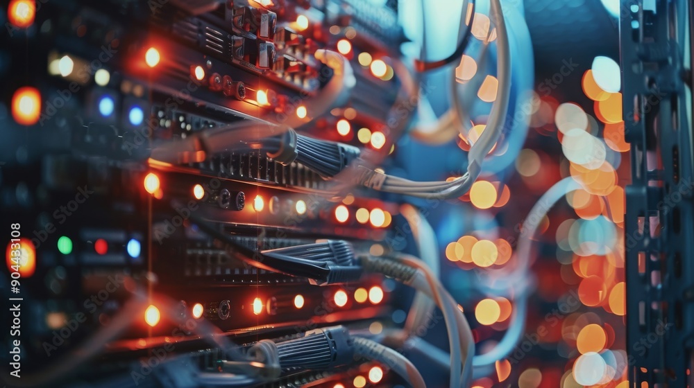 Poster detailed view of complex computer hardware and illuminated network cables in a high-tech server room