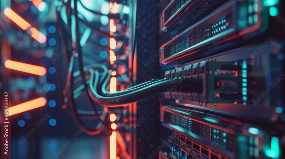 Poster intricate details of advanced computer hardware and network cables are highlighted in a high-tech se