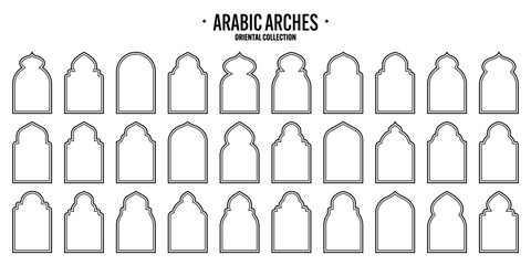 Islamic frames, oriental style objects. Arabic shapes, windows and arches. Traditional ornamental banner, frame. Muslim holidays, Ramadan Kareem. Modern eastern architecture. Vector illustration