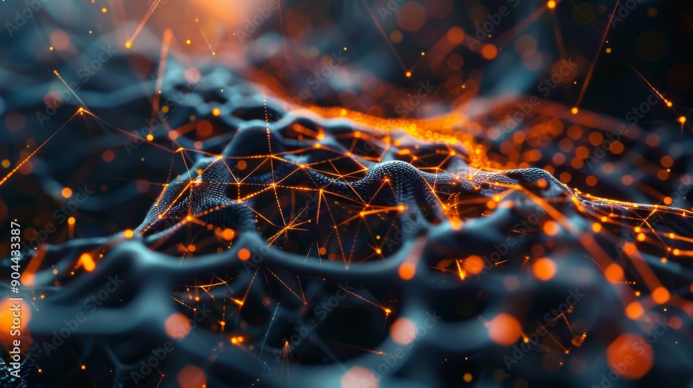Poster closeup view of complex biotech cell structures featuring interconnected lines and illuminated nodes