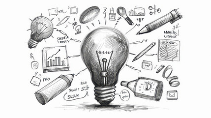 A sketch of a light bulb surrounded by various objects, including a clipboard, a pen, and a cell phone. Concept of creativity and innovation, as the light bulb is often associated with ideas