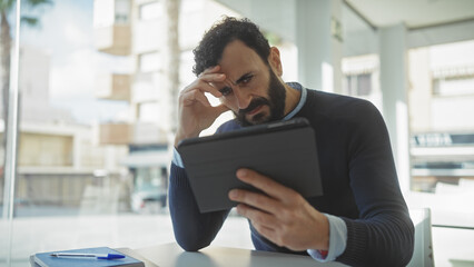Concentrated middle-aged bearded man in office looking at tablet with concerned expression indoors.