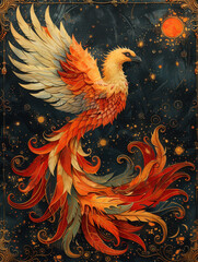 Majestic phoenix with fiery feathers, flying amidst stars and cosmic elements on a dark background. Concept of rebirth and immortality