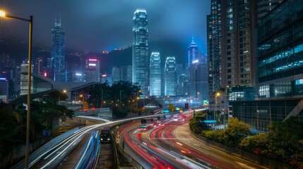 Fototapeta premium Fast-moving cars create light trails along a bustling city street as tall buildings illuminate the night sky in a vibrant urban setting