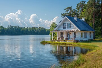Beautiful summer house with terrace, lake and pine forest in the background.