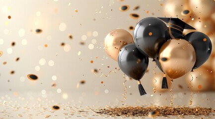 Black and gold balloons, graduation caps with tassels, and confetti on a white background.
