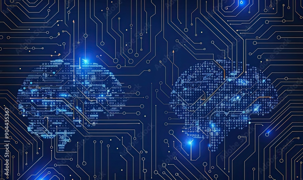 Poster a blue circuit board-like background with two brain-shaped structures made of binary code the overal