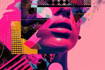 A digital collage of a woman's face with a pink background, ideal for use in designs and illustrations
