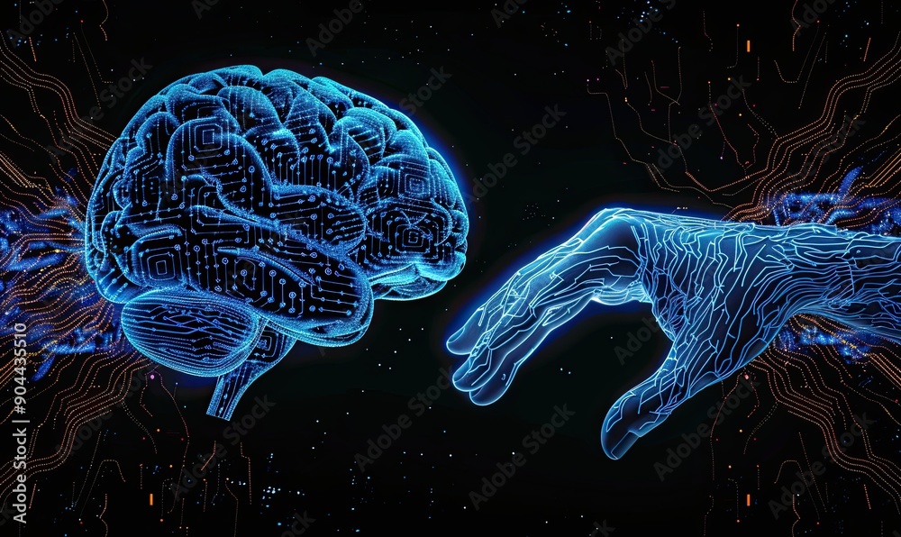 Poster a blue digital brain made of binary code, with glowing circuit patterns and data streams flowing aro