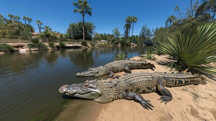 Crocodiles relax on the shore under a bright sky, basking in the sun near the water in a wildlife park setting