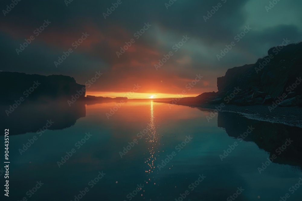 Poster a serene scene of sunset over a calm lake with a few trees and hills in the background