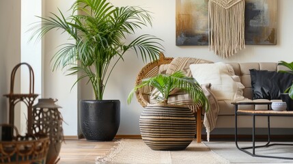 Fototapeta premium A chic living room showcases a rattan armchair, sleek black coffee table, and lush green plants, creating a stylish and inviting atmosphere