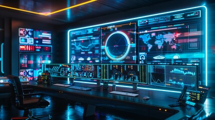 A modern office environment showcases glowing interfaces and futuristic workspaces, emphasizing technology and innovation in a dynamic setting